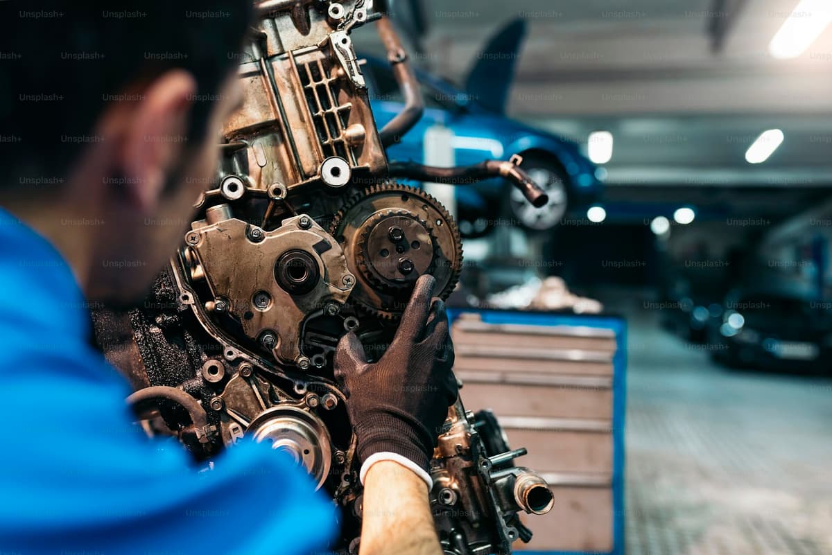 Kfz-Mechaniker bei der Reparatur eines Fahrzeugs in der Werkstatt Weber
